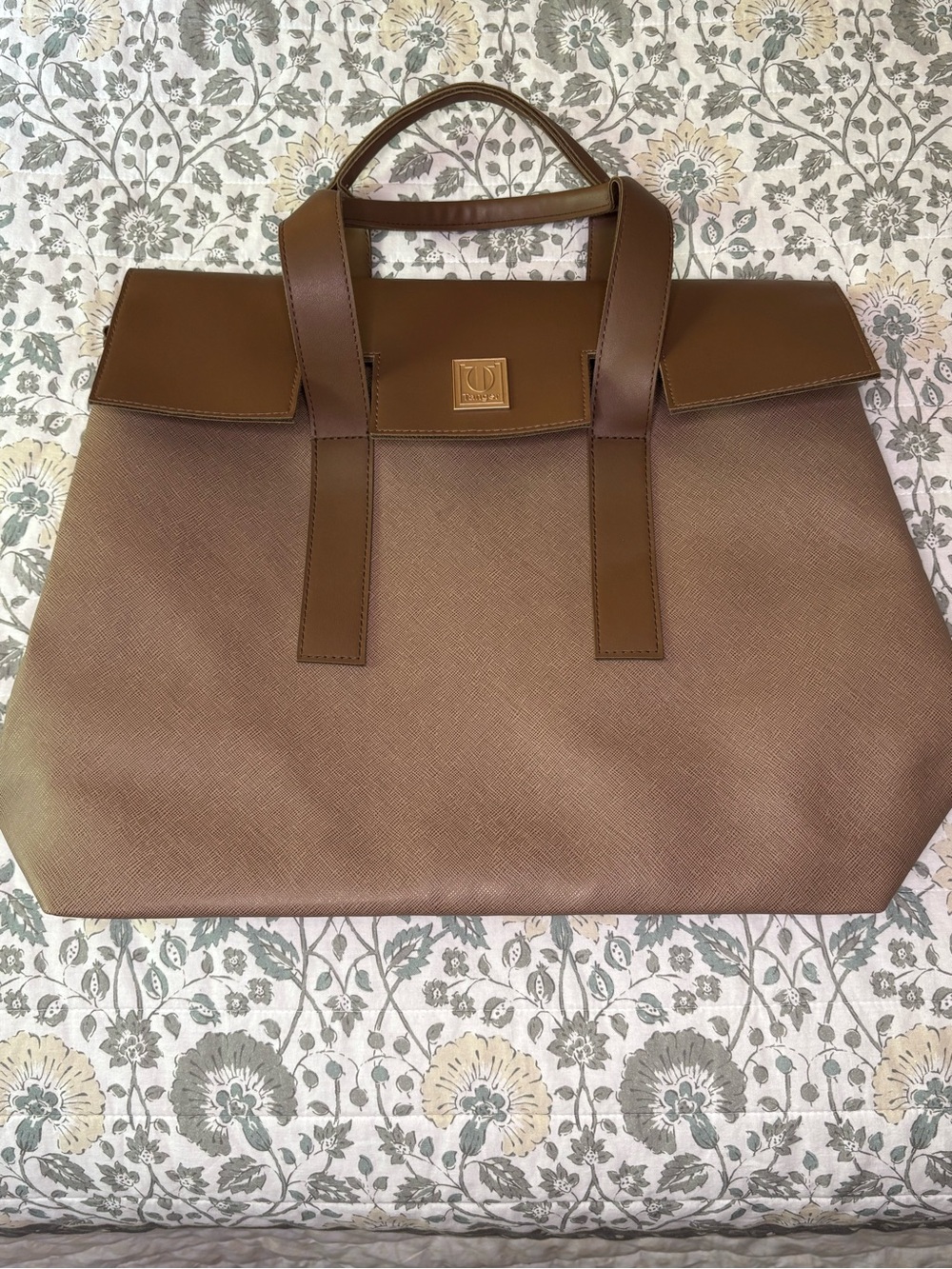 Textured Brown Tote with Top Handles and Gold Plaque